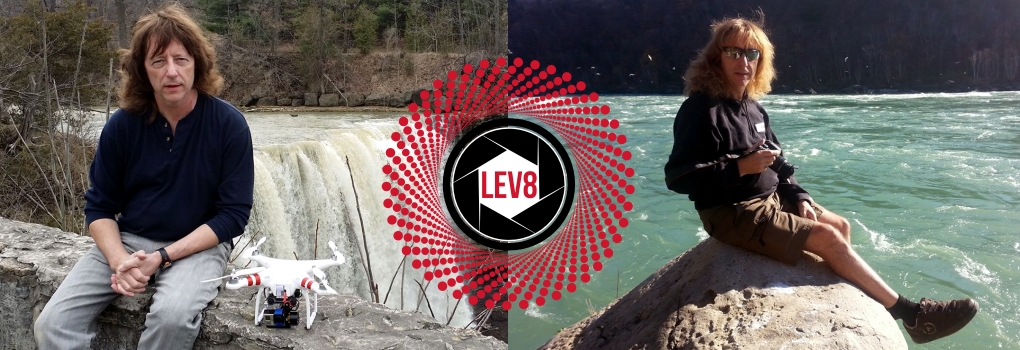 Andy Harris at the falls with drones Lev8 logo